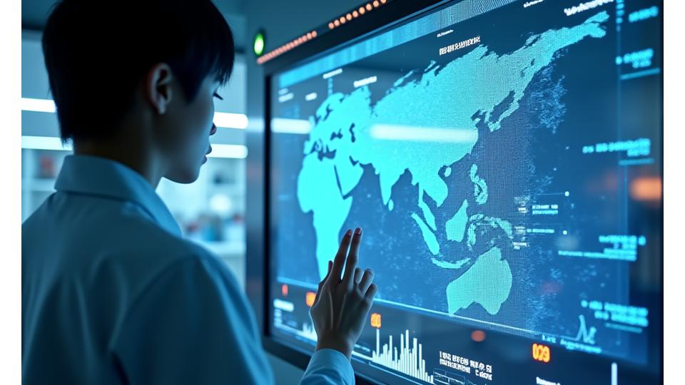 透明なスクリーンにホログラムで表示される海洋データを解析する研究員の様子